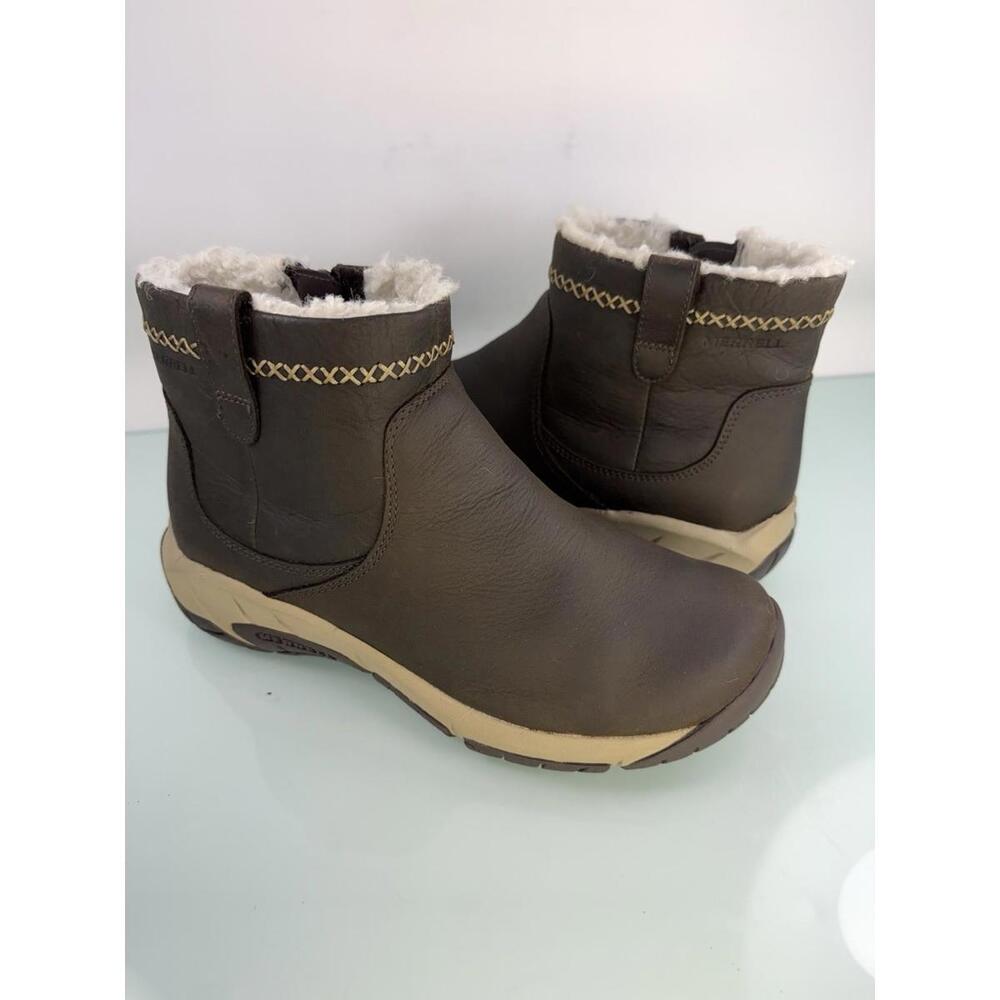 Merrell Encore 4 Bluff Ankle‎ Snow Boots Sz 6 Zip Brown Leather Cozy Faux Fur